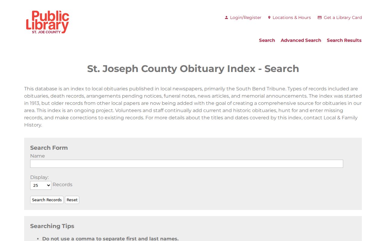 St. Joseph County Public Library obituary index search
